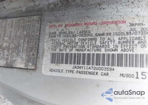 2002 Mitsubishi Mirage De из США, поврежденный, VIN JA3AY11A72U003594